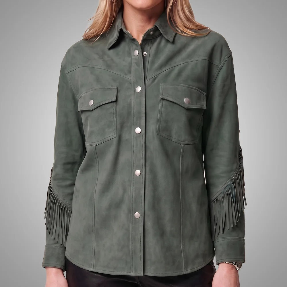 Sea Green Women's Cropped Goat Suede Fringe Jacket | Western Boho