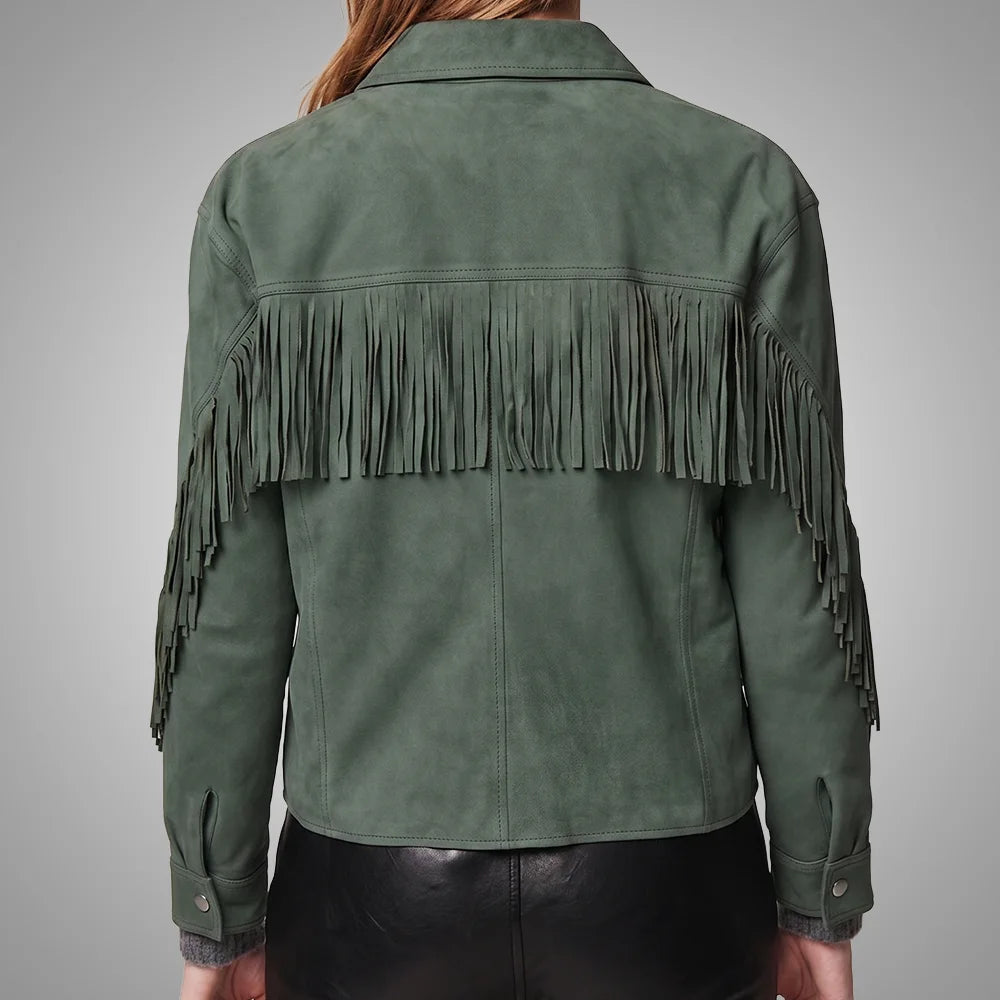 Sea Green Women's Cropped Goat Suede Fringe Jacket | Western Boho