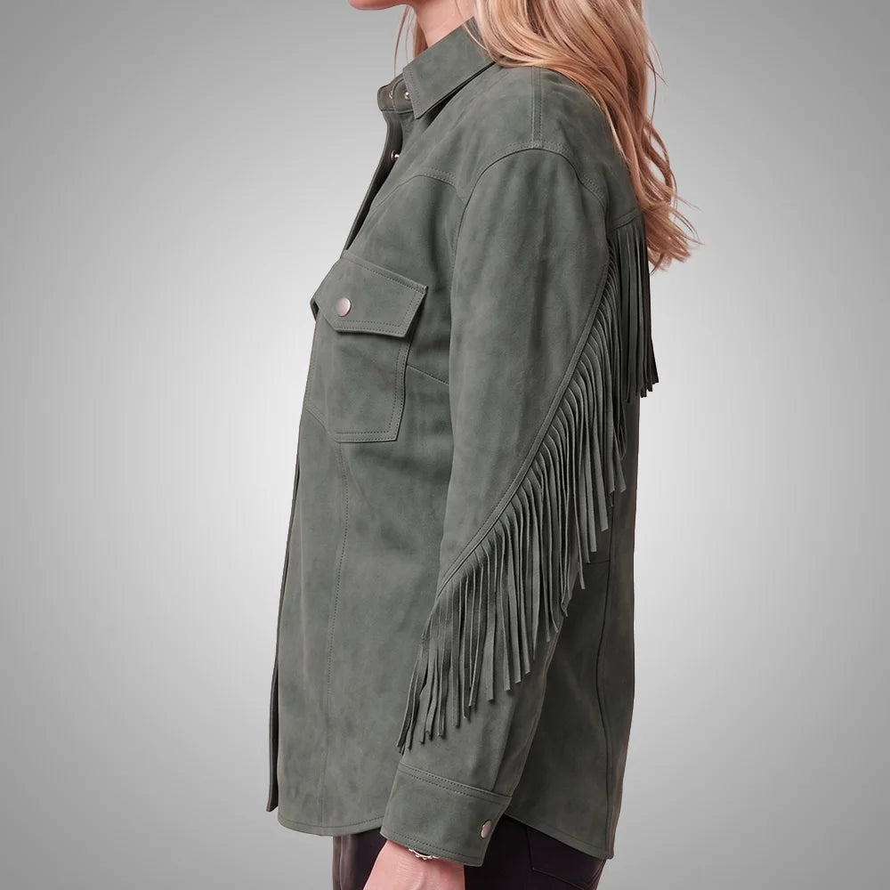 Sea Green Women's Cropped Goat Suede Fringe Jacket | Western Boho