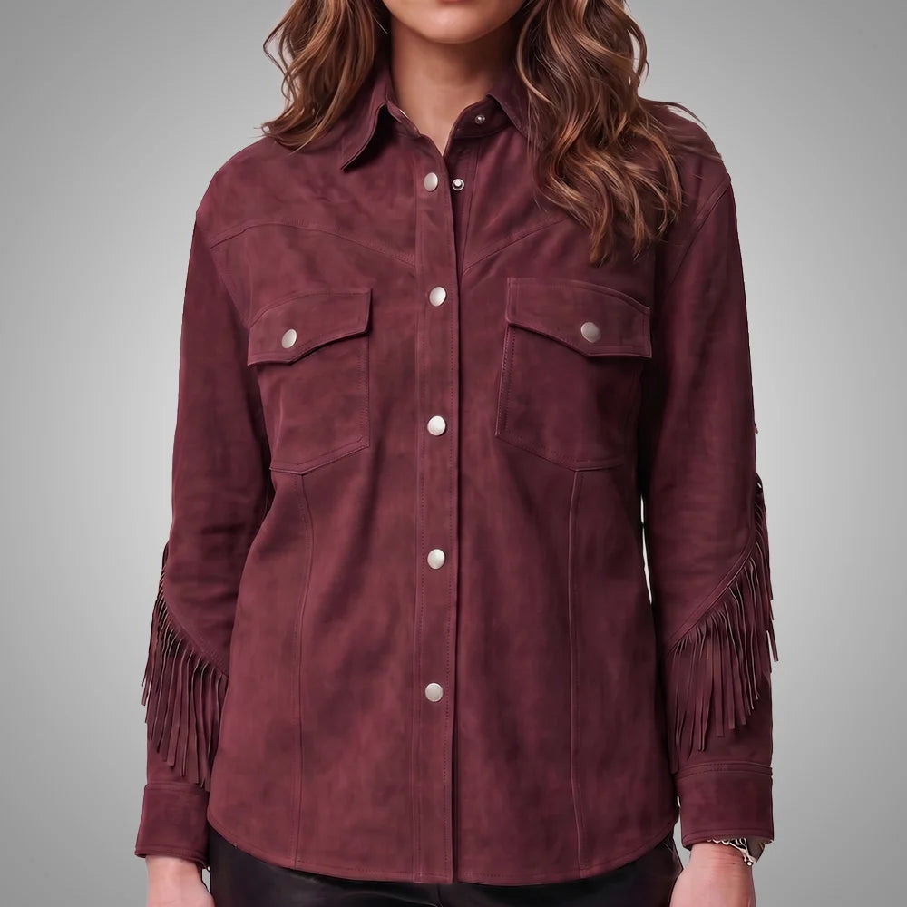 Wine Women's Cropped Goat Suede Fringe Jacket | Western Boho