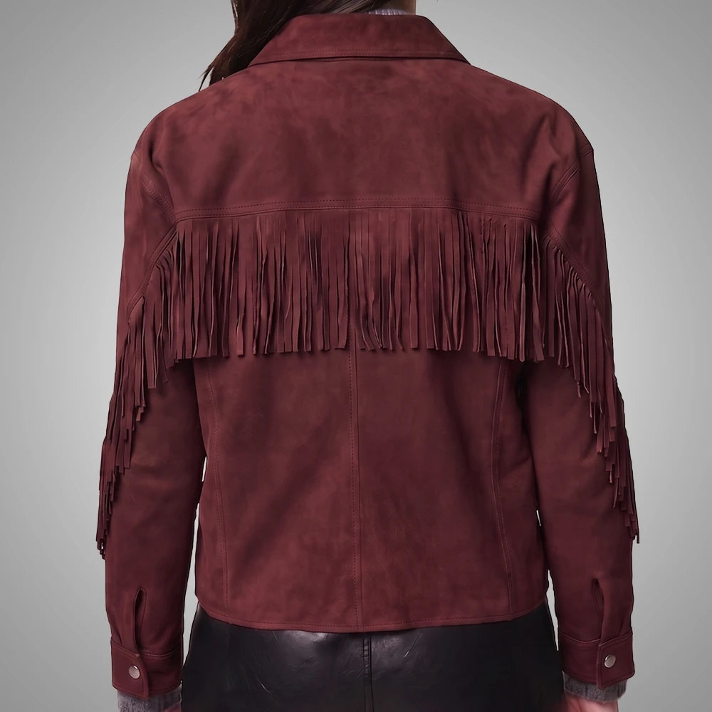 Wine Women's Cropped Goat Suede Fringe Jacket | Western Boho