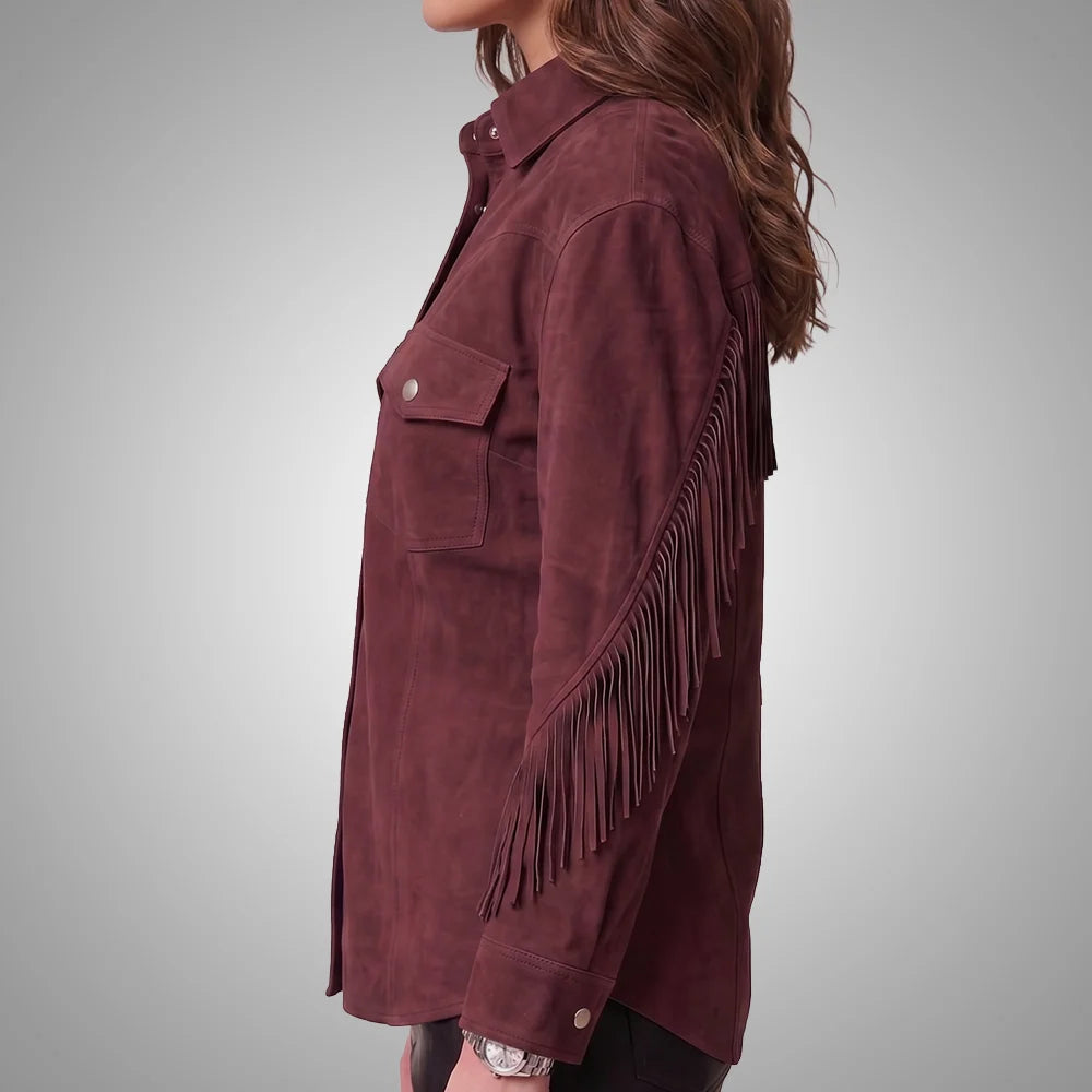 Wine Women's Cropped Goat Suede Fringe Jacket | Western Boho