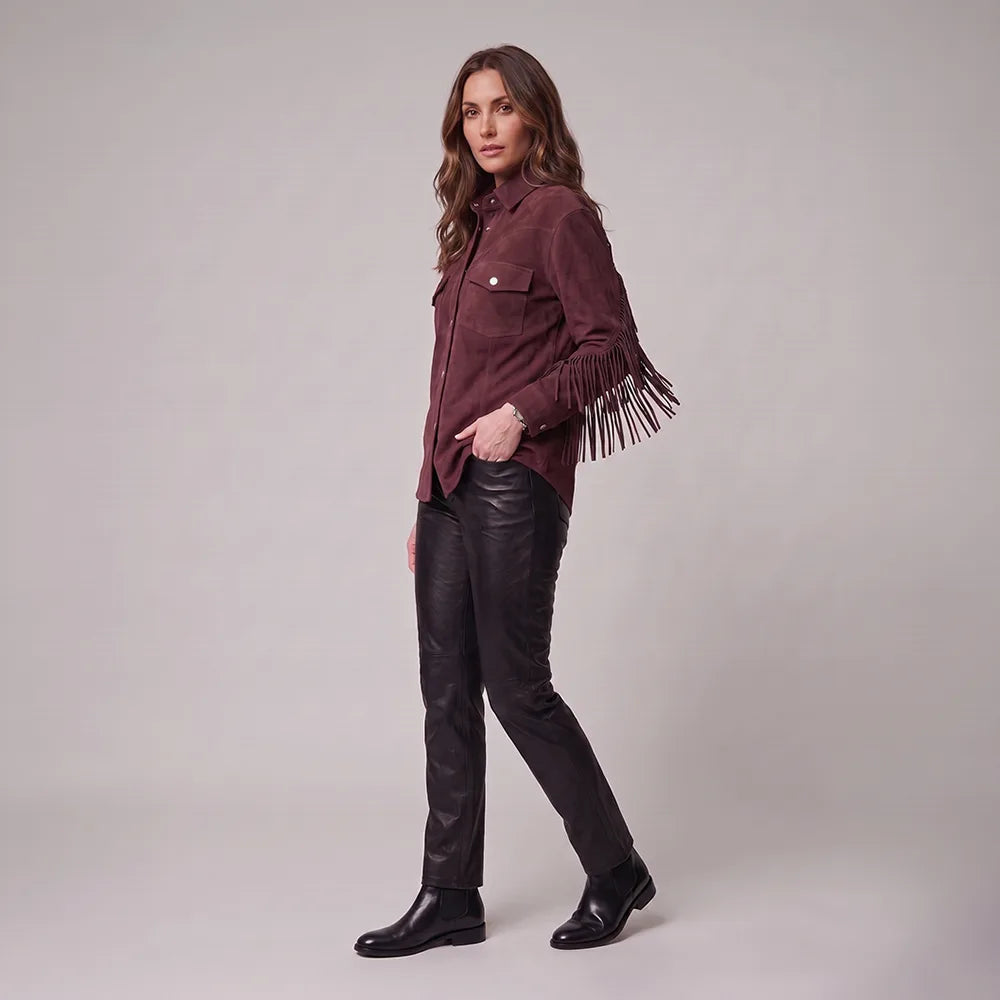 Wine Women's Cropped Goat Suede Fringe Jacket | Western Boho