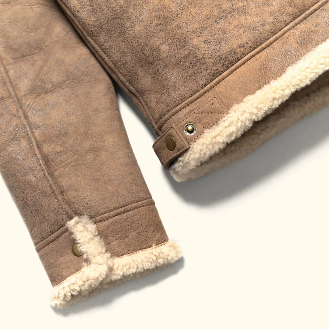 Heritage Faux Fur Shearling Leather Bomber Jacket - Honey Beige
