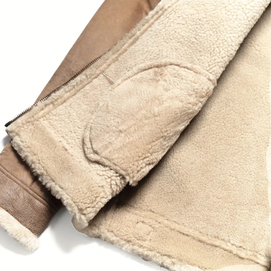 Heritage Faux Fur Shearling Leather Bomber Jacket - Honey Beige