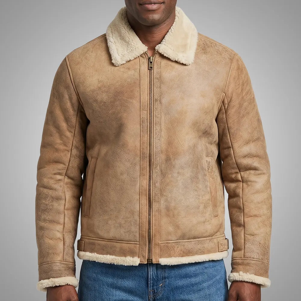Heritage Fur Shearling Leather Bomber Jacket - Honey Beige