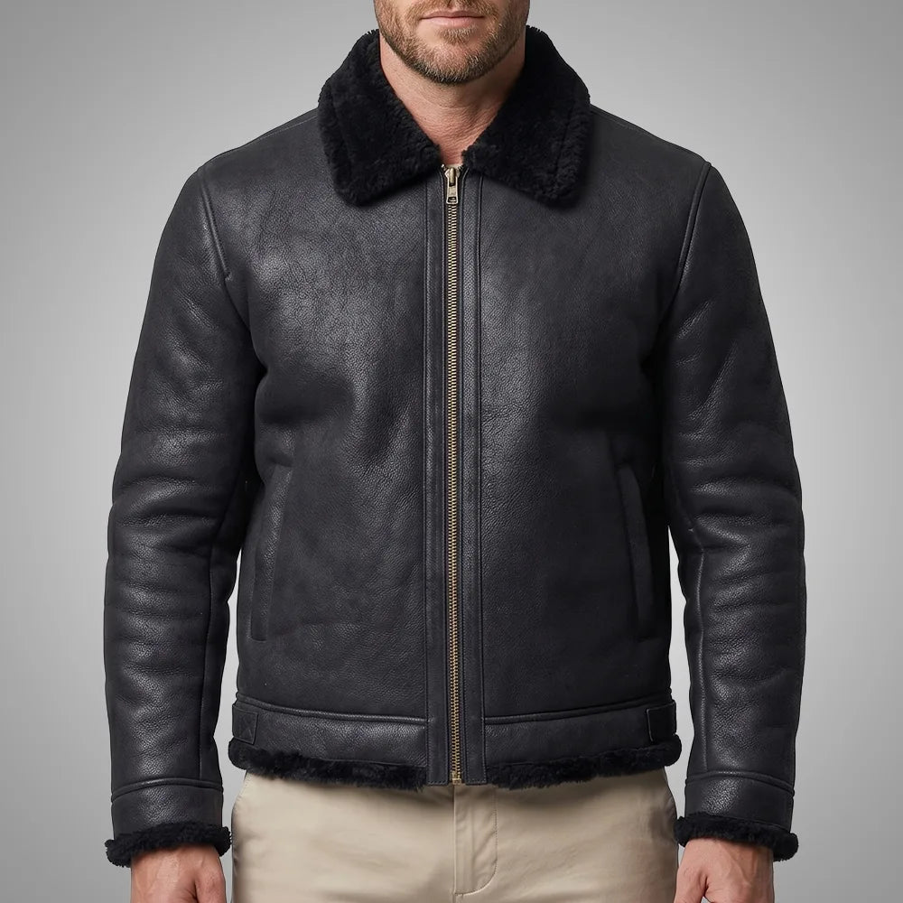 Heritage Fur Shearling Leather Bomber Jacket - Black