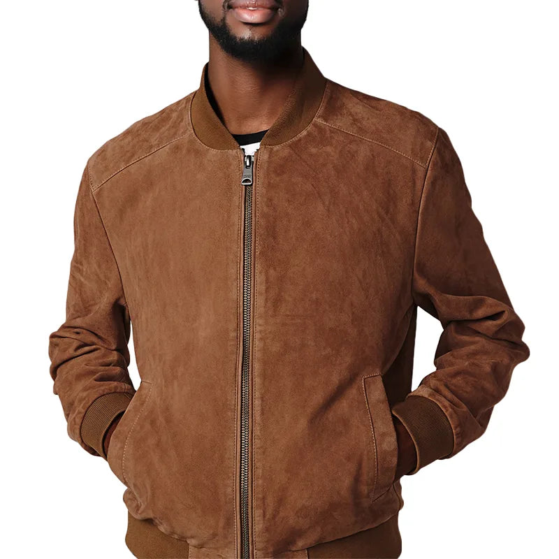 Brown suede jacket worn by a person on a white background