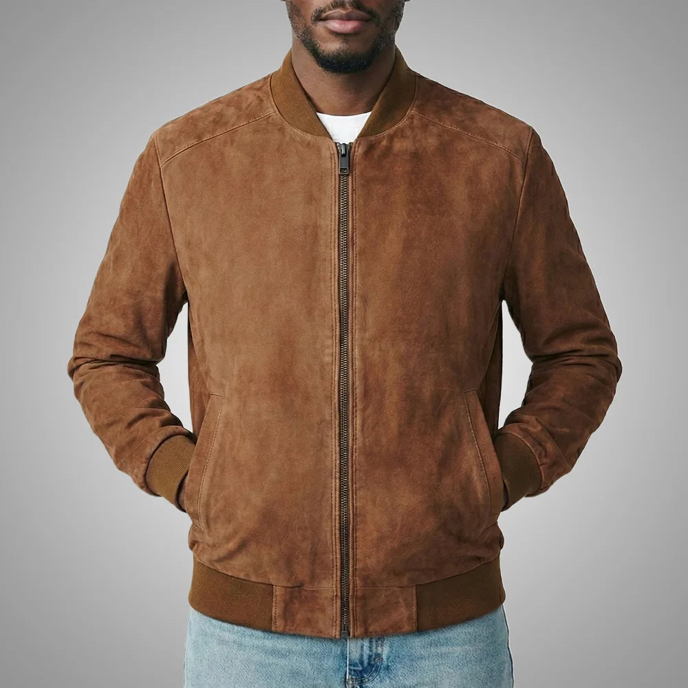 Classic Bomber Leather Jacket - Suede Brown