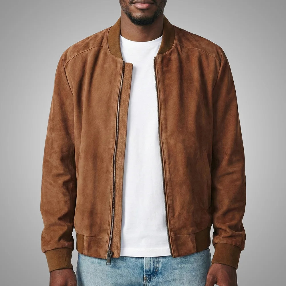 Classic Bomber Leather Jacket - Suede Brown
