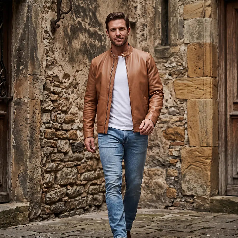 IronSoul Lambskin Tan Motorcycle Jacket, 100% Real Leather