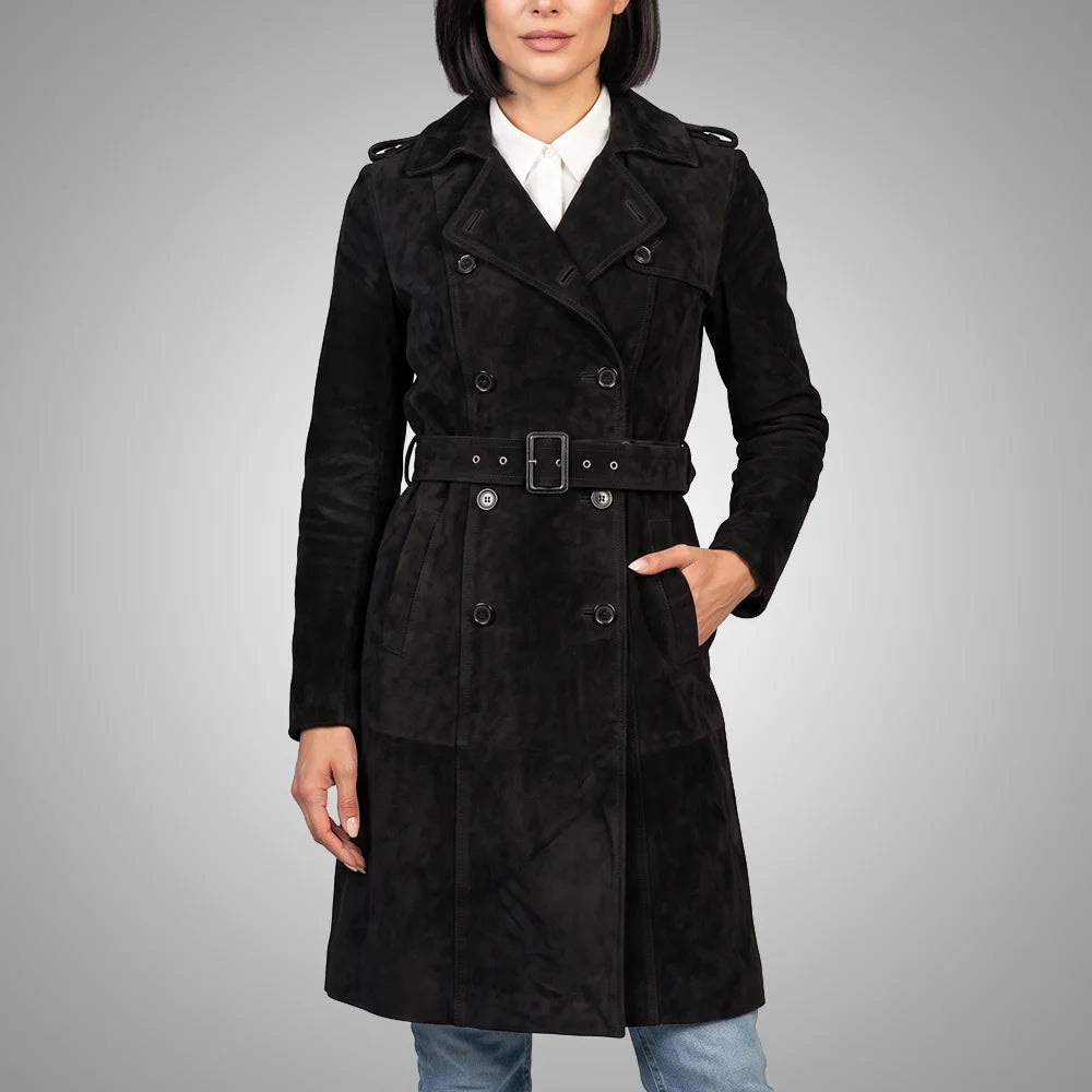 Women's Lambskin Suede Trench Coat Black | Military-Inspired Full Length