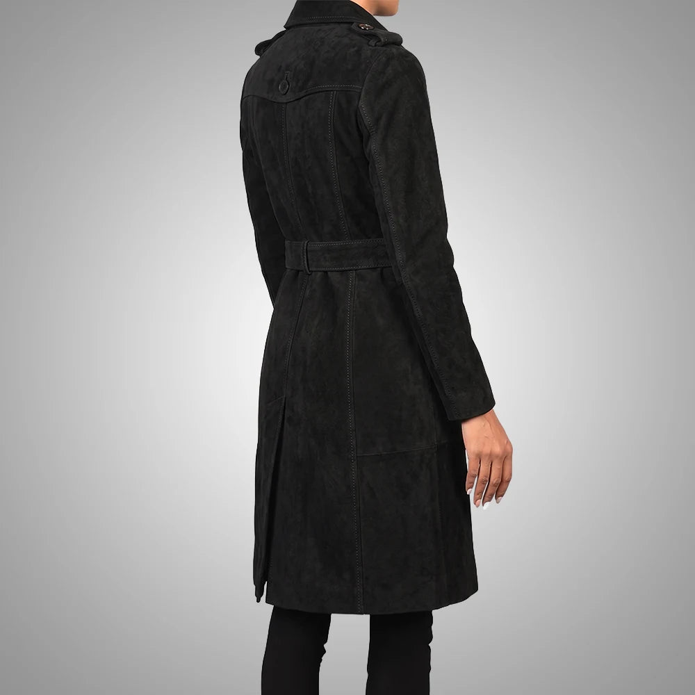Women's Lambskin Suede Trench Coat Black | Military-Inspired Full Length