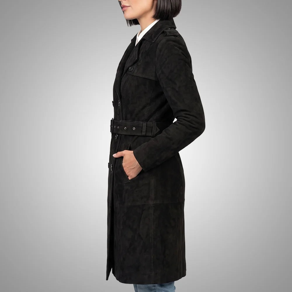 Women's Lambskin Suede Trench Coat Black | Military-Inspired Full Length