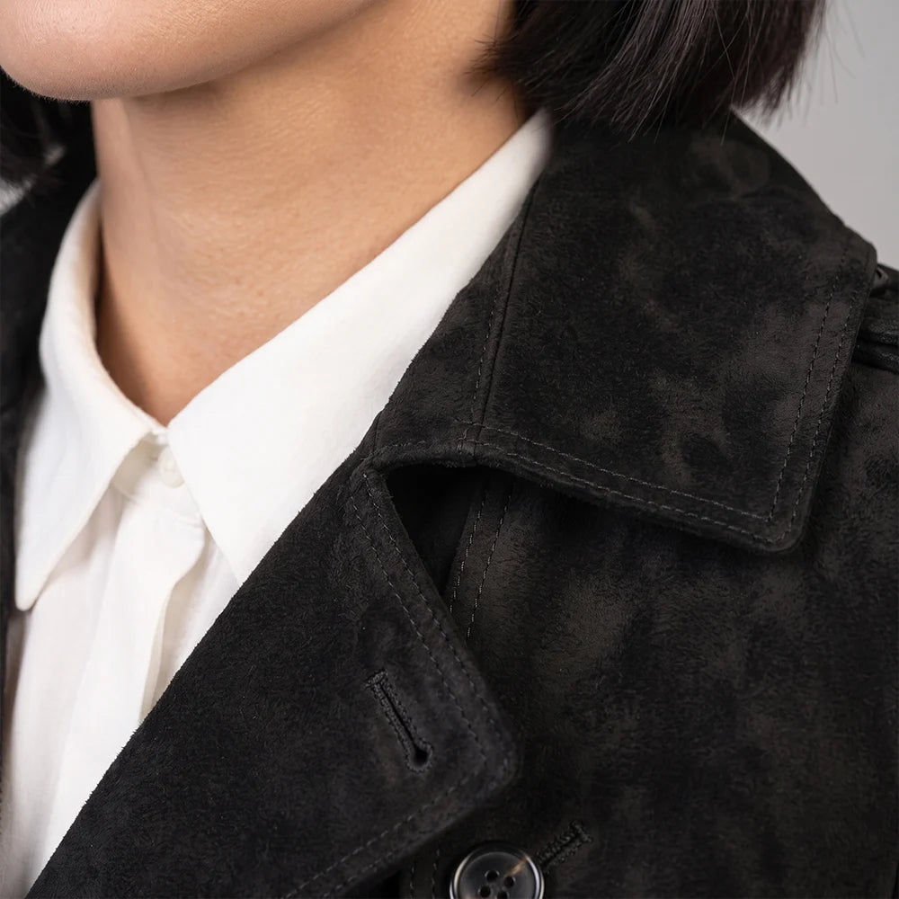 Women's Lambskin Suede Trench Coat Black | Military-Inspired Full Length