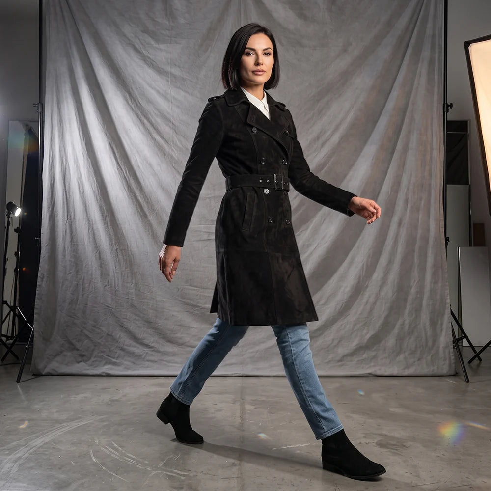 Women's Lambskin Suede Trench Coat Black | Military-Inspired Full Length