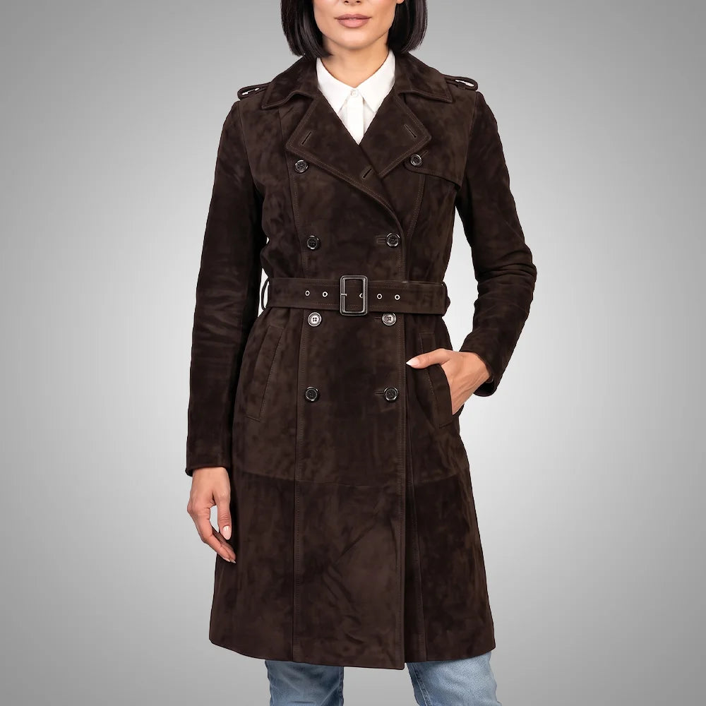 Women's Lambskin Suede Trench Coat Brown | Military-Inspired Full Length