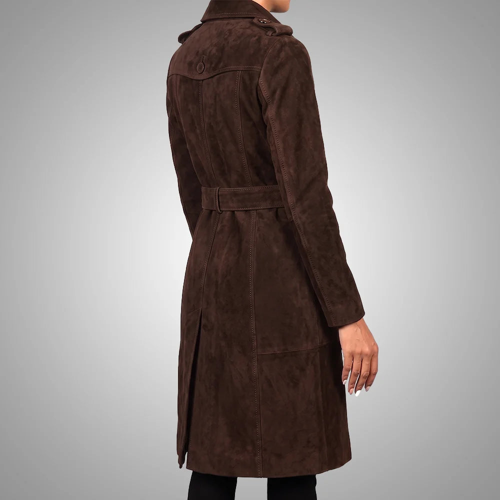 Women's Lambskin Suede Trench Coat Brown | Military-Inspired Full Length