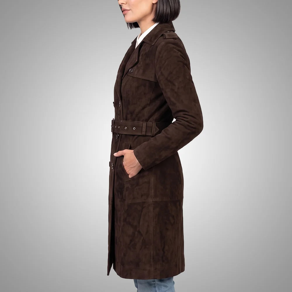 Women's Lambskin Suede Trench Coat Brown | Military-Inspired Full Length