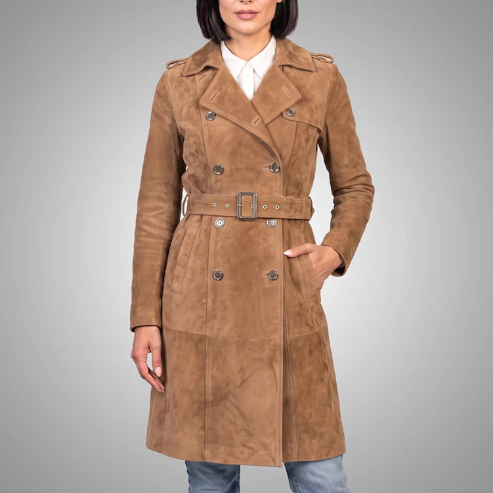 Women's Lambskin Suede Trench Coat | Military-Inspired Full Length