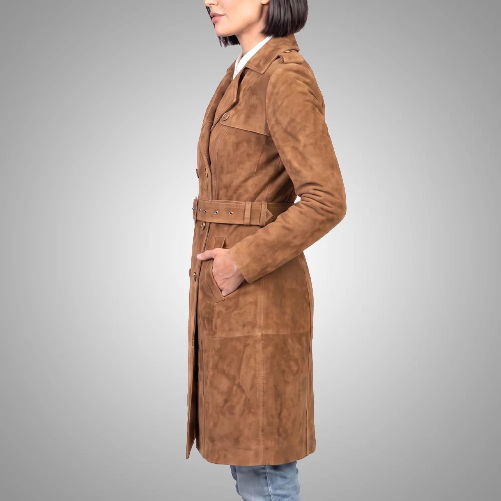 Women's Lambskin Suede Trench Coat | Military-Inspired Full Length