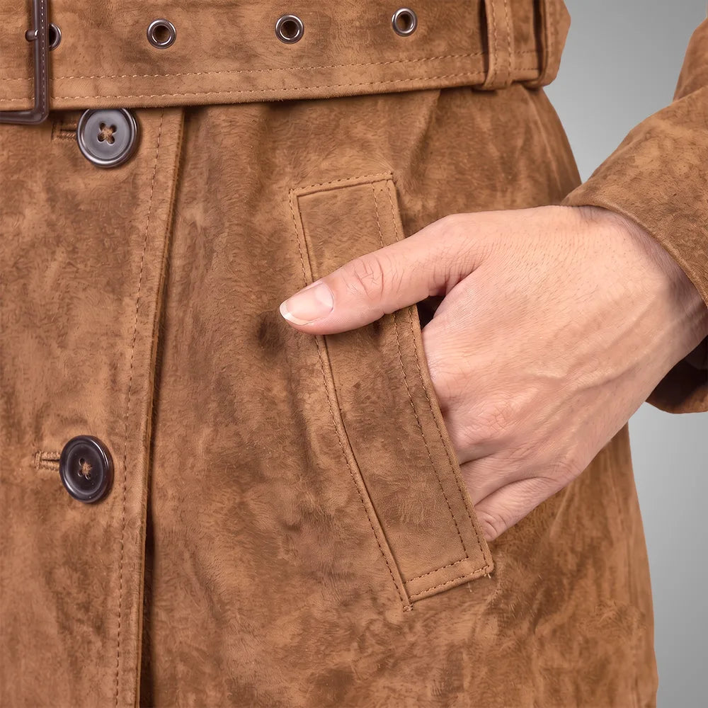 Women's Lambskin Suede Trench Coat | Military-Inspired Full Length