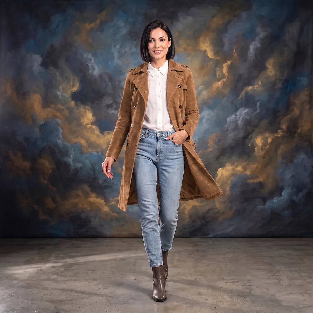 Women's Lambskin Suede Trench Coat | Military-Inspired Full Length