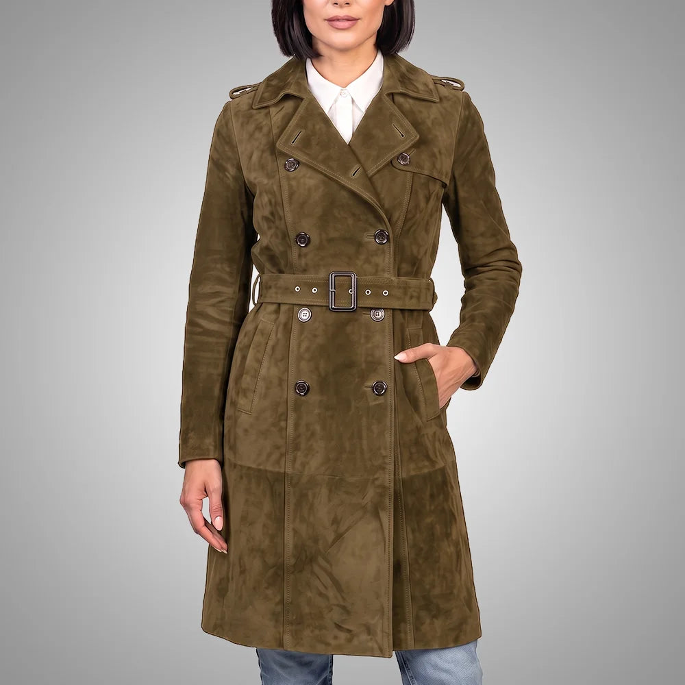 Women's Lambskin Suede Trench Coat Safari | Military-Inspired Full Length