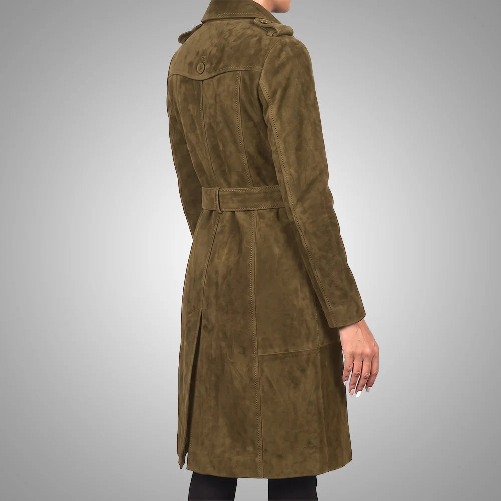 Women's Lambskin Suede Trench Coat Safari | Military-Inspired Full Length