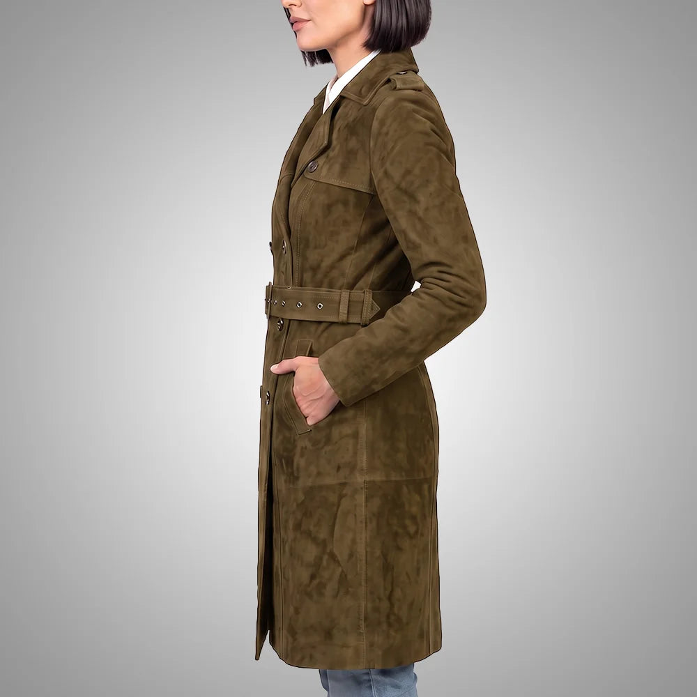 Women's Lambskin Suede Trench Coat Safari | Military-Inspired Full Length
