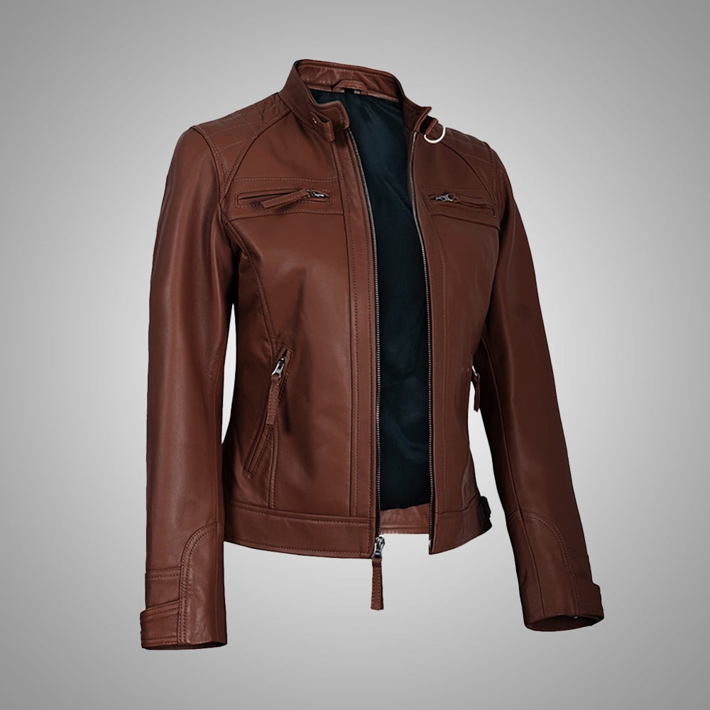 Mocha Luxe Women’s Racer Leather Jacket - Burnt Cocoa