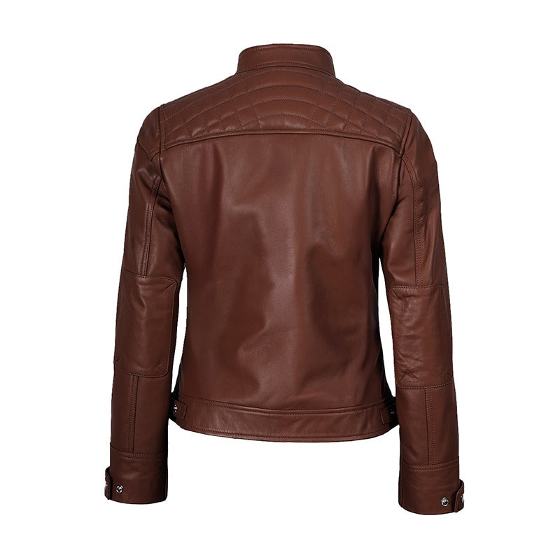 Mocha Luxe Women’s Racer Leather Jacket - Burnt Cocoa