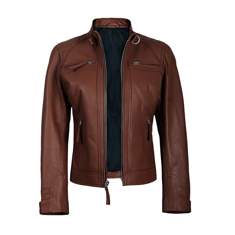 Mocha Luxe Women’s Racer Leather Jacket - Burnt Cocoa