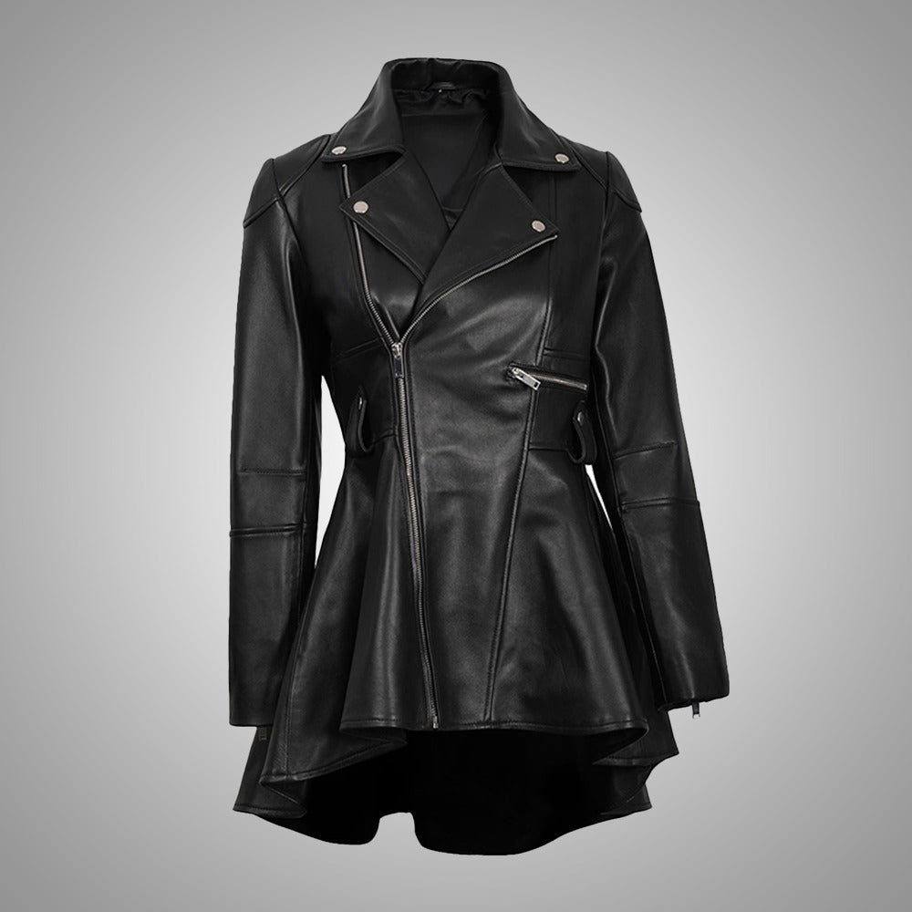 Aurora Womenâs Black Peplum Leather Jacket
