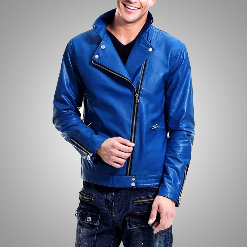 Men’s Blue Leather Biker Jacket