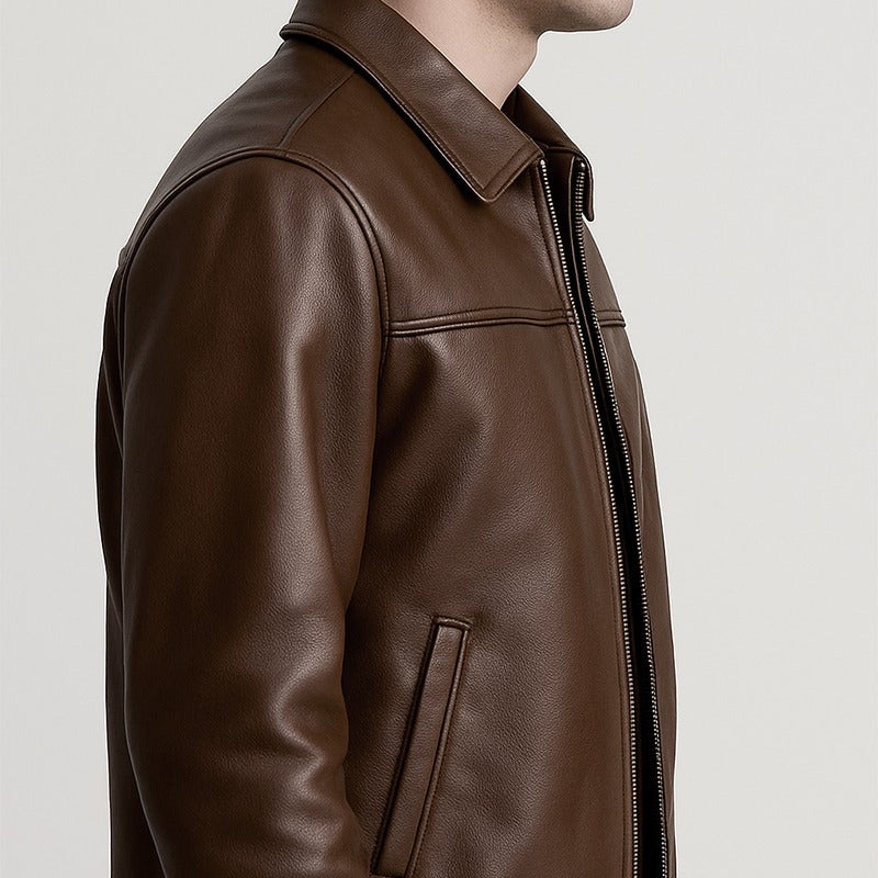 Brown leather jacket on a neutral background