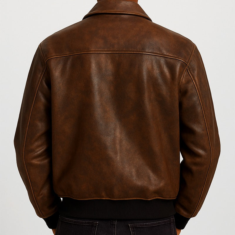 Oversized Brown Leather Bomber Jacket