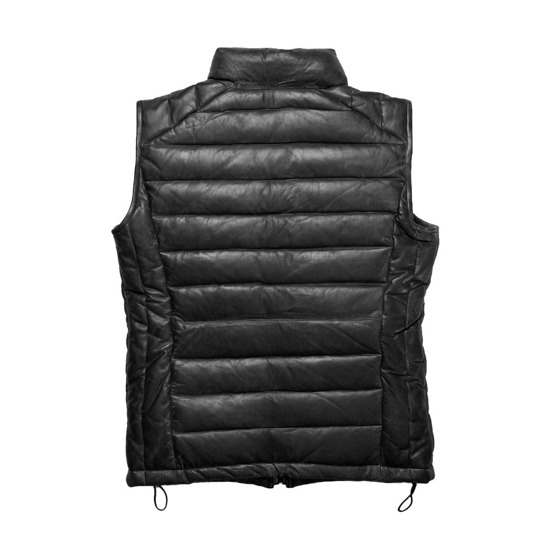 Black puffer vest on a white background