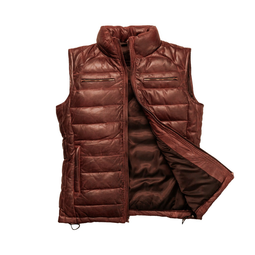 Brown leather vest with quilted design on a white background