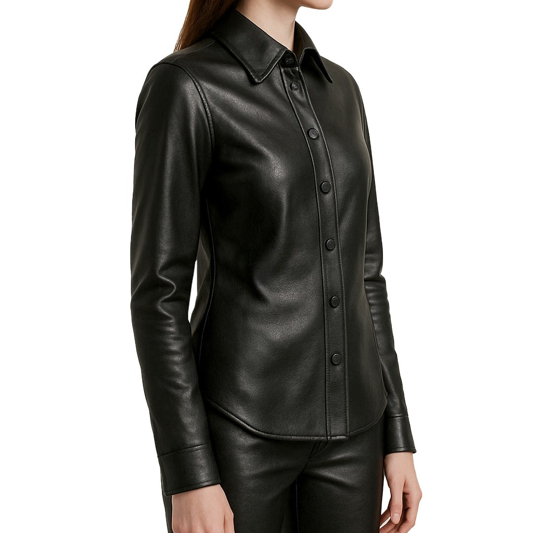 Black leather shirt worn by a person on a white background