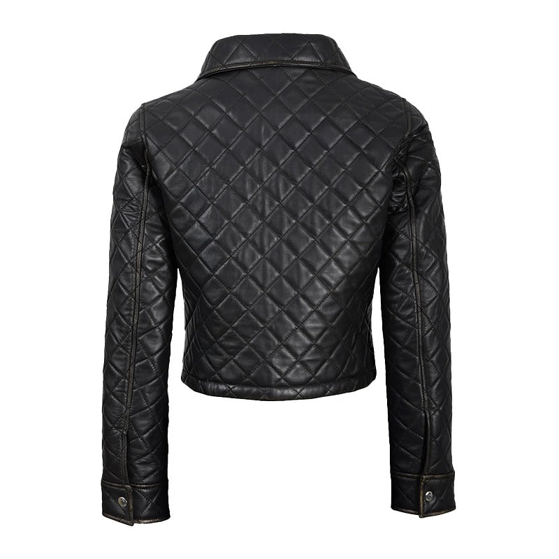 Women's Beige Cropped Quilted Leather Jacket