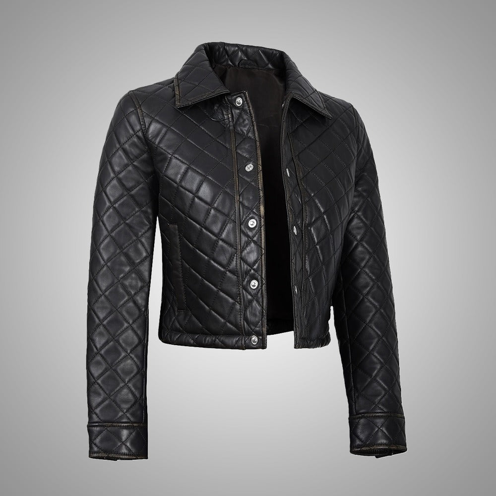 Women's Beige Cropped Quilted Leather Jacket