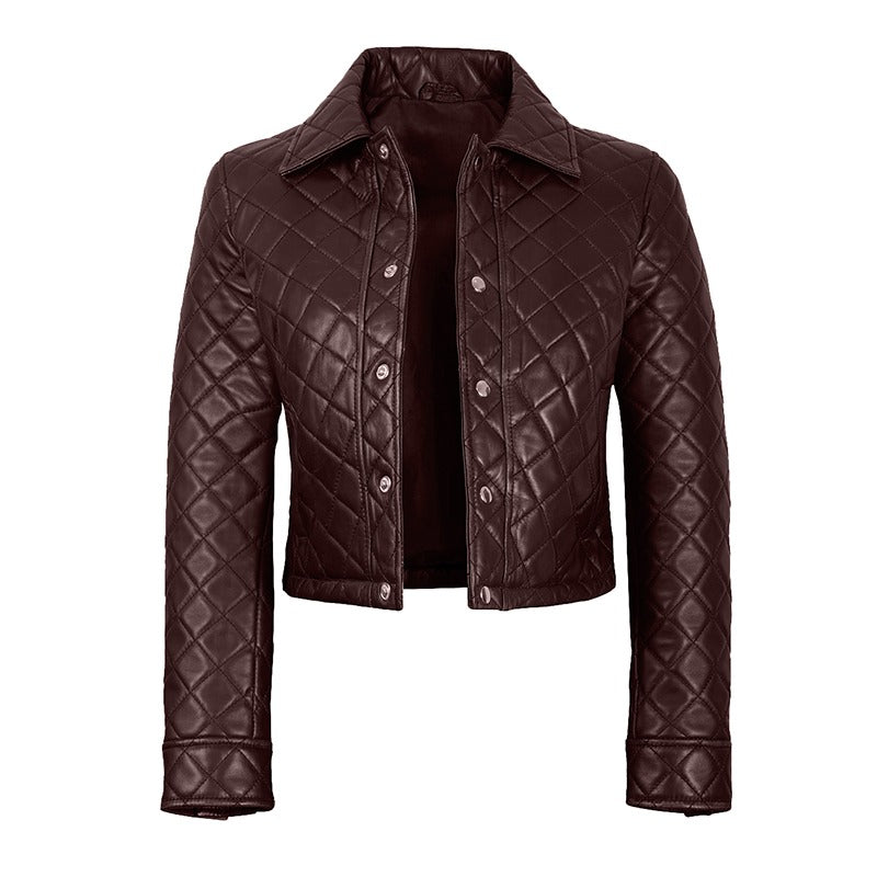 Women's Beige Cropped Quilted Leather Jacket