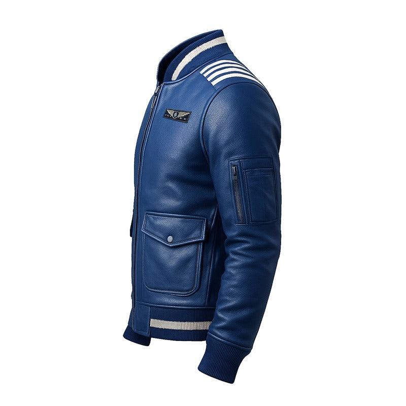 Blue leather jacket with white stripes on a white background