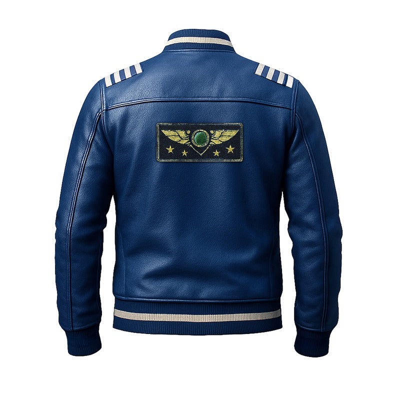 Blue leather jacket with a patch on the back against a white background