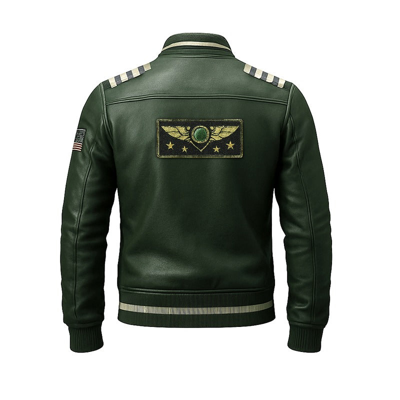 Green leather jacket with a patch on the back against a white background