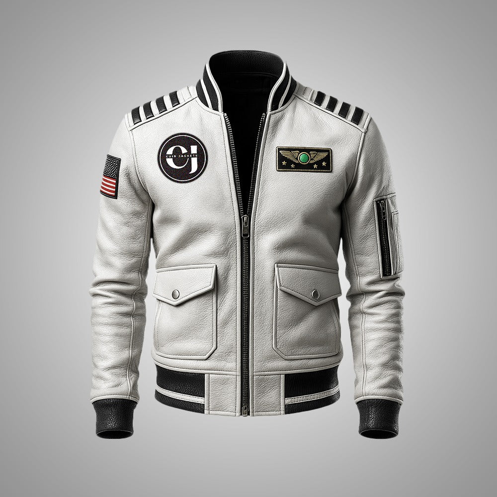 Sky Command Aviator Leather Bomber Jacket – White Edition