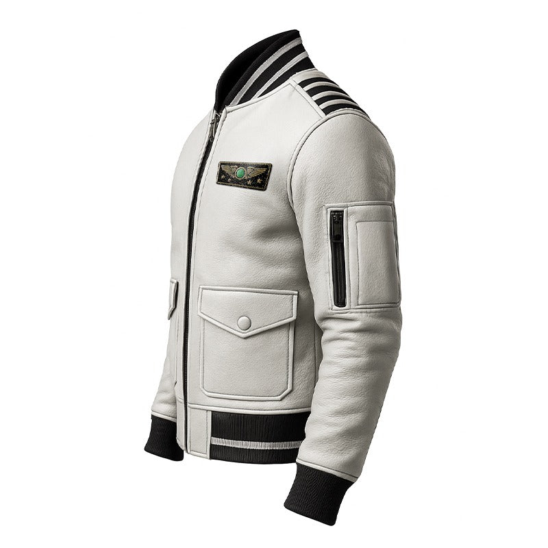 Sky Command Aviator Leather Bomber Jacket – White Edition