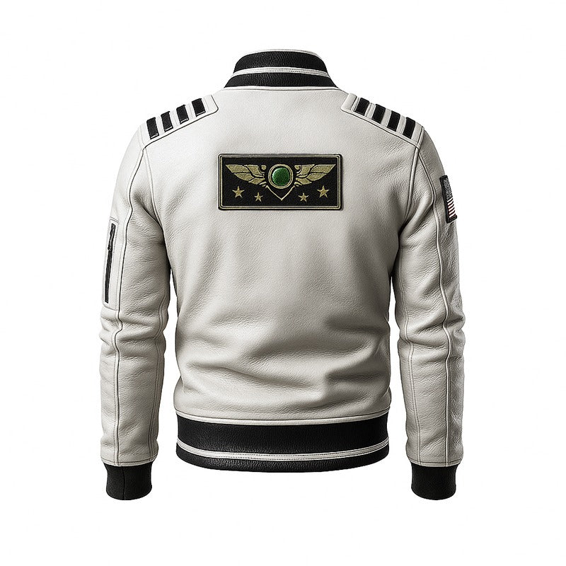 Sky Command Aviator Leather Bomber Jacket – White Edition