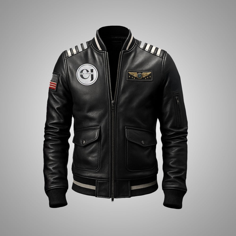 Sky Command Aviator Leather Bomber Jacket – Black Edition